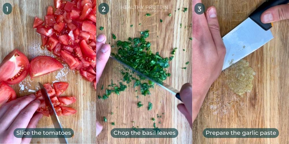 How to Make Bruschetta - Slice and dice the tomatoes, chop the basil leaves, Prepare the garlic paste