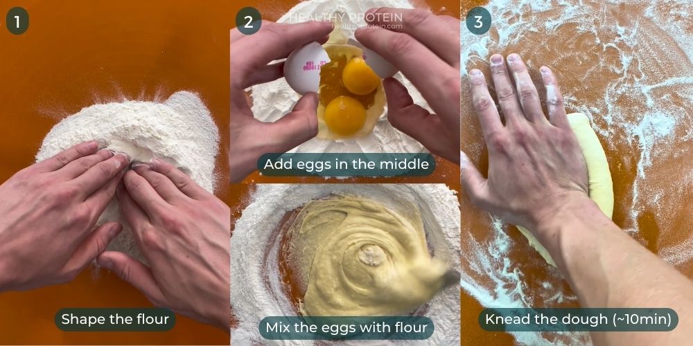 Place all of the flour on a clean work surface, crack the eggs, mix it together with fork and knead the dough for 10 minutes