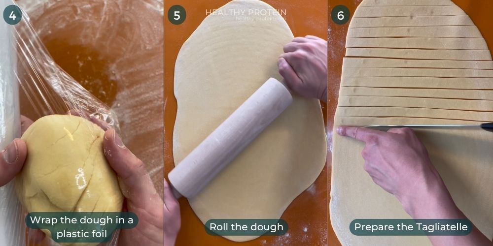 Wrap the fresh pasta dough in a plastic foil, roll thedough until it is 2mm thick, and cut it in the tagliatelle shapes before boiling